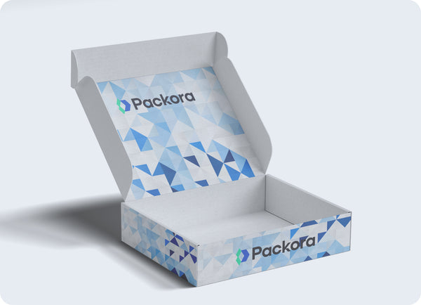 Open mailer box with Packora branding on light grey background